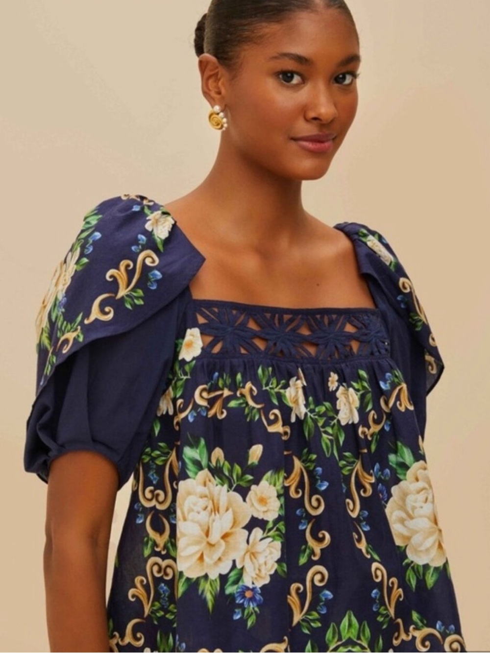 FARM Rio Navy Floral Lattice-Neck Blouse